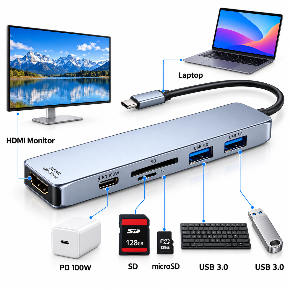 Type C to HDMI & USB 3.0 PD SD/TF adater, 4K 30hz, 100W, 7 in 1