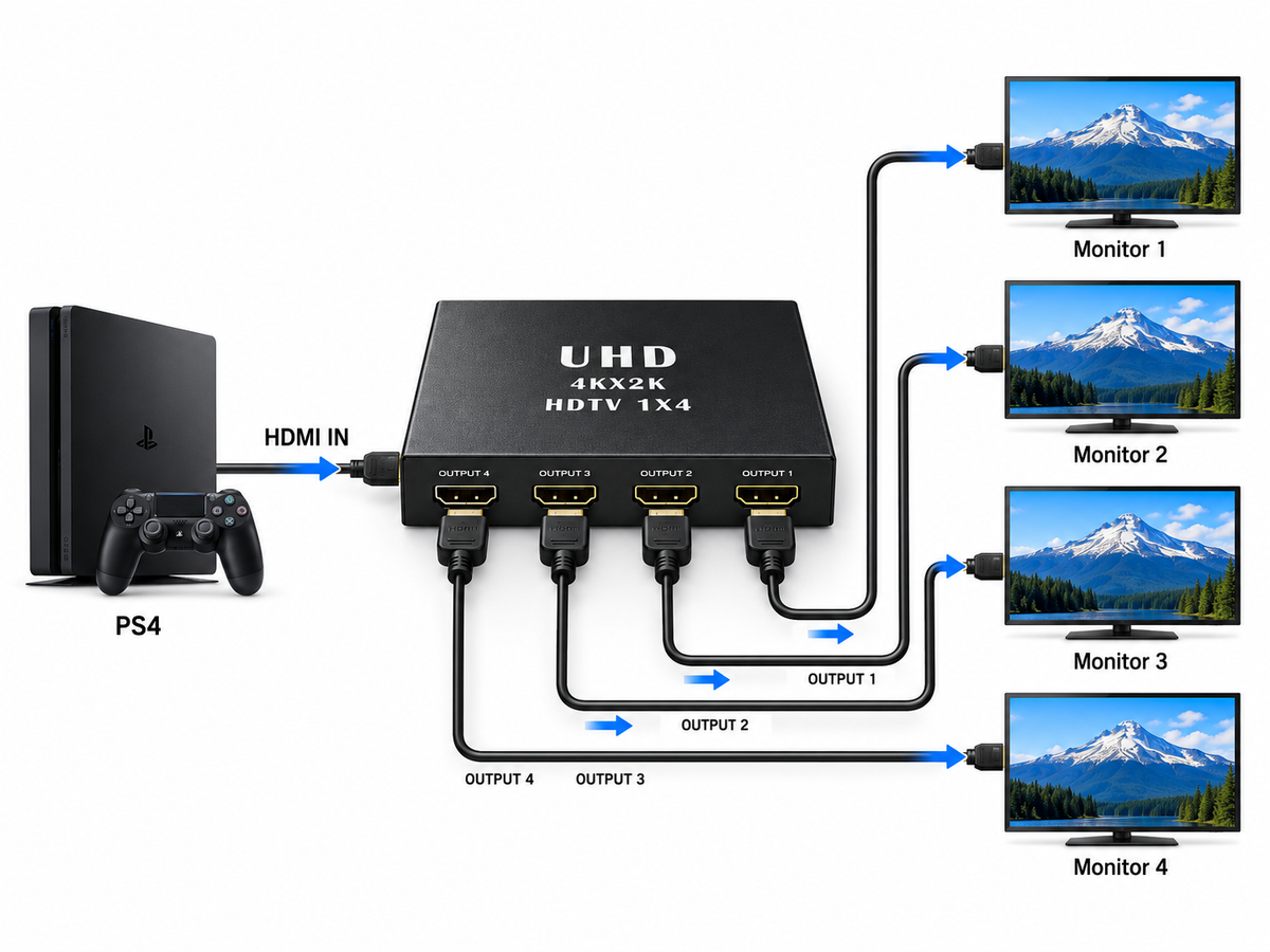 HDMI splitter 1 in 4 out 4k 30HZ + power adapter